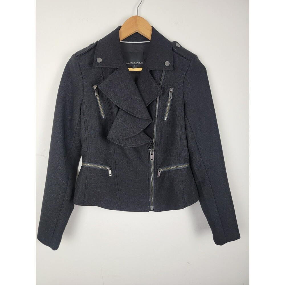 Banana Republic Flounce Front Moto Jacket, Size 0 Black Preppy - Picture 2 of 11